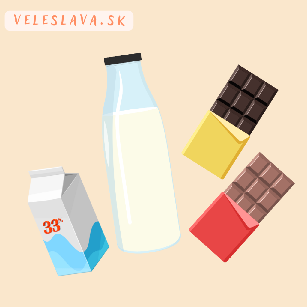 Ingrediencie na prípravu horúceho nápoja: smotana na šľahanie 33%, plnotučné mlieko, tabuľka horkej a mliečnej čokolády. Obrázok je kreslený.