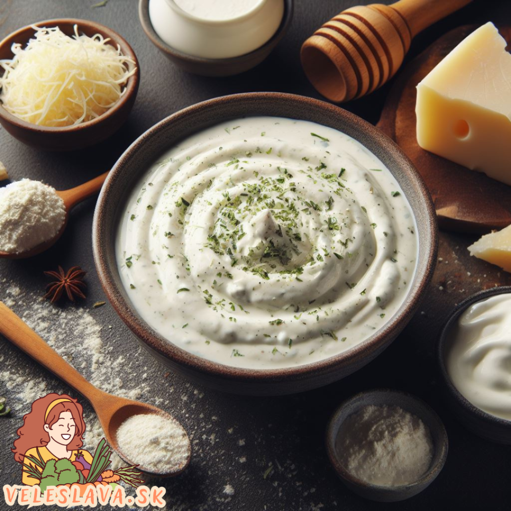 Miska s hotovou parmezánovou omáčkou. Dekorované nastruhaným i celým syrom parmezánom. Lyžičkou múky, soli a miskou smotany.